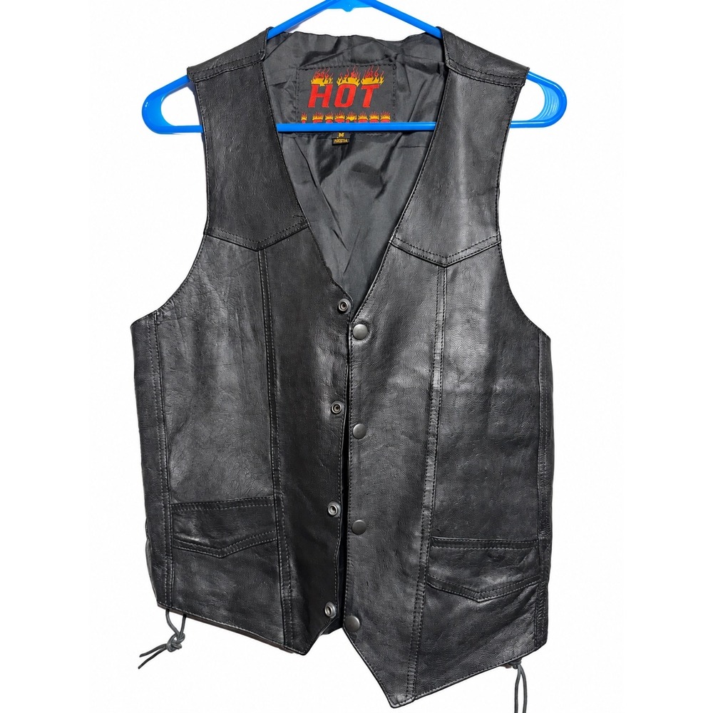 Hot Leathers Mens Black Genuine Leather Biker Vest Side Lace Snap Front Medium